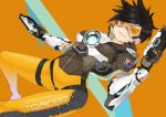  1girl b_lack_box black_hair bodysuit character_name dual_wielding earrings goggles gun jacket jewelry lena_oxton looking_at_viewer overwatch short_hair smile solo spiky_hair thigh_strap tracer_(overwatch) weapon 