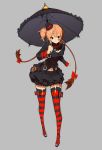  1girl [saw] black_skirt bow braid breasts colored_stripes facial_tattoo grey_background hair_bow hat highres long_hair mini_top_hat navel orange_hair original parasol pigeon-toed pouch side_ponytail sketch skirt solo standing striped striped_legwear tattoo thigh-highs top_hat twin_braids umbrella very_long_hair yellow_eyes zettai_ryouiki 