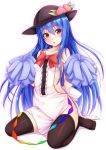  1girl apron black_legwear blue_hair blush bow ebi_193 hinanawi_tenshi long_hair looking_at_viewer naked_apron open_mouth pom_poms red_eyes simple_background sitting small_breasts solo strap_slip thigh-highs touhou wariza white_background 