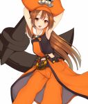  1girl anchor armpits arms_up blush cowboy_shot guilty_gear hat highres kiyomin long_hair looking_at_viewer may_(guilty_gear) orange_eyes pants simple_background smile solo very_long_hair white_background 