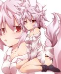  1girl animal_ears bare_shoulders black_legwear black_panties breasts cleavage fang full_body inubashiri_momiji kuromiya looking_at_viewer open_mouth panties red_eyes short_hair silver_hair simple_background sitting solo tail touhou underwear wariza white_background wolf_ears wolf_tail zoom_layer 