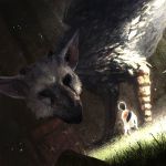  1boy brown_hair child creature feathers grass griffin ilya_kuvshinov short_hair solo sunlight the_last_guardian trico_(character) tunic 