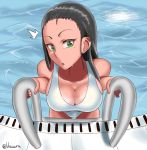  /\/\/\ 1girl bikini black_hair breasts burakku-ra cleavage green_eyes highres long_hair looking_at_viewer mole mole_under_eye one-piece_swimsuit parted_lips pool pool_ladder poolside solo swimsuit twitter_username water white_bikini white_swimsuit 