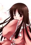  1girl brown_eyes brown_hair commentary_request hotbuggy houraisan_kaguya japanese_clothes kimono long_hair solo straight_hair touhou wide_sleeves 
