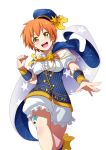  1girl :d bangs cape detached_sleeves hat hoshizora_rin love_live!_school_idol_project masabodo open_mouth orange_hair outstretched_hand short_hair simple_background smile star_print white_background yellow_eyes 