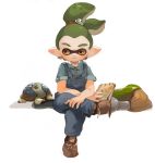  1boy absurdres alternate_costume book commentary_request denim eyebrows green_hair hair_ornament hairpin highres inkling minato_(minat0) orange_eyes overalls paintbrush ponytail shell sketchbook splatoon tentacle_hair thick_eyebrows turtle 