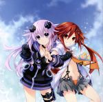  2girls absurdres adult_neptune blush breasts choujigen_game_neptune collar collarbone cowboy_shot grin hair_ornament hairclip highres locked_arms long_hair midriff multiple_girls necktie neptune_(series) official_art pleated_skirt purple_hair red_eyes redhead shin_jigen_game_neptune_vii shirt short_sleeves skirt smile star suspenders tennouboushi_uzume_(choujigen_game_neptune) tsunako v very_long_hair violet_eyes 