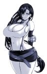  1girl abaros arms_behind_back bare_shoulders black_hair breasts cleavage curvy earrings final_fantasy final_fantasy_vii huge_breasts jewelry long_hair midriff miniskirt monochrome skirt smile solo suspenders thick_thighs thighs tifa_lockhart very_long_hair white_background wide_hips 
