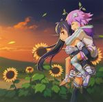  bandages bandaid black_hair choujigen_game_neptune d-pad flower hoodie leaf leaf_on_head neptune_(choujigen_game_neptune) neptune_(series) noire piggyback purple_hair red_eyes segamark single_shoe sunflower sunset thigh-highs twintails 