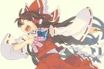  1girl ascot bow brown_hair detached_sleeves hair_bow hair_tubes hakurei_reimu long_hair morino_hon ofuda open_mouth profile solo touhou 