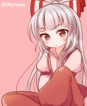  1girl bow fujiwara_no_mokou hair_bow indian_style juliet_sleeves long_hair long_sleeves marshmallow_mille pants pink_background puffy_sleeves red_eyes shirt silver_hair simple_background sitting solo suspenders touhou twitter_username very_long_hair 