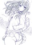  1girl ? bag blush cowboy_shot hand_in_pocket idolmaster idolmaster_cinderella_girls kojima_saya long_hair looking_back monochrome panties school_bag school_uniform shibuya_rin sketch skirt solo spoken_question_mark underwear wind_lift 