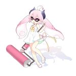  1girl ahoge demon_girl dress fang horns inkling long_hair looking_at_viewer mask mofetousu_furuna open_mouth original paint_roller pink_hair pointy_ears saru short_eyebrows simple_background smile solo splatoon tentacle_hair twintails violet_eyes white_background white_dress 