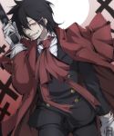  1boy alucard_(hellsing) black_hair coat cowboy_shot cross dual_wielding fangs gloves grin gun hellsing long_hair male_focus nitoni red_coat red_eyes sharp_teeth smile solo vampire weapon 