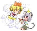  2girls animal_ears bishamonten&#039;s_pagoda black_hair blonde_hair capelet closed_eyes genie ghost_tail grey_hair hair_ornament mouse_ears mouse_tail multicolored_hair multiple_girls nazrin open_mouth red_eyes shinapuu short_hair smile tail toramaru_shou touhou two-tone_hair 