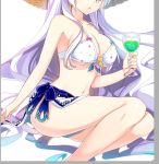  1girl bare_shoulders bikini breasts cup hat head_out_of_frame lavender_hair long_hair navel nyori original sarong solo straw_hat swimsuit very_long_hair 