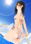  1girl arms_behind_back bikini bird black_hair brown_eyes condensation_trail dutch_angle from_behind kentaurosu looking_back original outdoors polka_dot polka_dot_bikini polka_dot_swimsuit rainbow side-tie_bikini solo sun swimsuit wading 