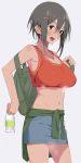  1girl :d absurdres black_hair bottle breasts brown_eyes clothes_around_waist dripping hair_ornament hairclip highres iwadamai jacket_around_waist jewelry large_breasts midriff navel necklace open_mouth original short_hair skirt smile solo sweat sweating tank_top water_bottle 