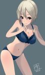  1girl black_eyes blonde_hair blue_bra blue_panties blush bra breasts cowboy_shot dated grey_background highres idolmaster idolmaster_cinderella_girls looking_at_viewer mistrail navel panties shiomi_shuuko signature smile solo underwear 