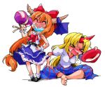  &gt;_&lt; 2girls blonde_hair bow chain closed_eyes drinking hair_bow hand_on_hip horn horn_ribbon horns hoshiguma_yuugi ibuki_suika indian_style long_hair multiple_girls open_mouth orange_hair red_eyes ribbon sakazuki shinapuu shirt sitting skirt smile touhou 