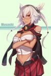  1girl bare_shoulders breasts commentary_request crossed_arms glasses headgear highres jacket kantai_collection large_breasts looking_at_viewer midriff musashi_(kantai_collection) nian open_clothes open_jacket red_eyes sarashi silver_hair skirt solo twintails 