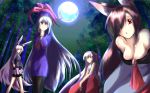  4girls absurdres animal_ears bamboo bamboo_forest bare_shoulders bike_shorts blue_hair breasts brooch brown_hair cleavage collarbone dress fang forest fujiwara_no_mokou full_moon hair_over_one_eye hair_ribbon hat highres imaizumi_kagerou jewelry kamishirasawa_keine large_breasts long_hair long_sleeves looking_at_viewer moon multiple_girls nature open_mouth pants pantyhose purple_hair rabbit_ears red_eyes reisen_udongein_inaba ribbon silver_hair sitting skirt smile touhou very_long_hair weapon wolf_ears 