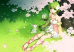  1girl amarisu ankle_lace-up bare_shoulders cherry_blossoms cross-laced_footwear detached_sleeves dress flower grass green_eyes green_hair hair_flower hair_ornament original petals rabbit short_hair sitting smile solo tree 