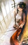  1girl artist_name black_hair bow_(instrument) china_dress chinese_clothes dated garuku hair_ornament highres instrument long_hair looking_at_viewer orange_eyes original sanhu sitting smile solo 