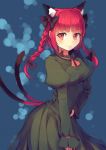  1girl animal_ears black_bow blue_background blush bow braid cat_ears cat_tail cowboy_shot culter dress extra_ears eyelashes green_dress hair_bow hair_ribbon hand_on_hip kaenbyou_rin long_hair long_sleeves multiple_tails red_eyes red_ribbon redhead ribbon smile solo tail touhou twin_braids 