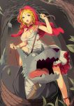  1boy 1girl big_bad_wolf_(grimm) blonde_hair blue_eyes blush bottle braid breasts capelet cleavage dress formal grass grimm&#039;s_fairy_tales hood large_breasts leaf little_red_riding_hood little_red_riding_hood_(grimm) necktie open_mouth rope suit tears tied_up tree twin_braids viola_(seed) white_dress wolf 