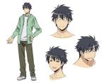  1boy black_hair blank_eyes facial_expressions full_body hand_on_hip hoodie kurusu_kimihito male_focus monster_musume_no_iru_nichijou official_art shoes short_hair simple_background smile sneakers solo white_background 