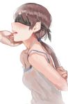  1girl arms_behind_back blindfold blush breasts brown_hair deras hand_on_another&#039;s_chin idolmaster idolmaster_cinderella_girls long_hair nitta_minami open_mouth restrained sketch solo_focus sweat 