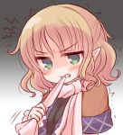  1girl anger_vein biting_clothes blonde_hair blush clenched_teeth green_eyes half_updo jealous marshmallow_mille mizuhashi_parsee mouth_hold pointy_ears ribbon_in_mouth scarf short_sleeves solo squiggle tears touhou trembling upper_body wavy_hair 