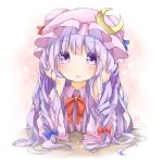  1girl blush bow clown_222 crescent_hair_ornament elbow_rest hair_bow hair_ornament hat long_hair open_mouth patchouli_knowledge purple_hair solo touhou very_long_hair violet_eyes 