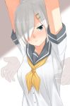  1girl arms_up blue_eyes blush franham grabbing grabbing_from_behind hair_ornament hair_over_one_eye hairclip hamakaze_(kantai_collection) hands highres kantai_collection looking_back school_uniform serafuku short_hair silver_hair 