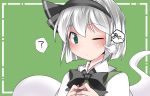  1girl ? blush bow cheek_poking commentary cursor green_background green_eyes hairband hammer_(sunset_beach) hitodama konpaku_youmu konpaku_youmu_(ghost) looking_at_viewer one_eye_closed poking short_hair silver_hair simple_background sweatdrop touhou upper_body 