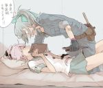 2girls all_fours book book_on_head bow brown_eyes green_eyes grey_hair hair_bow hair_flaps hair_ornament hair_ribbon kantai_collection long_hair looking_at_another looking_at_viewer lying multiple_girls object_on_head on_back pink_hair ponytail ree_(re-19) ribbon school_uniform serafuku short_hair side_ponytail tools translated very_long_hair wrench yura_(kantai_collection) yuubari_(kantai_collection) 