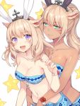  2girls :d animal_ears bandeau bikini blonde_hair breasts cleavage dark_skin facial_mark fang final_fantasy final_fantasy_xiv flower green_eyes hair_ornament hug hug_from_behind miqo&#039;te momoko_(momopoco) multiple_girls navel open_mouth ponytail sarong slit_pupils smile star swimsuit tiara violet_eyes 