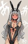  1girl animal_ears bikini black_bikini black_gloves blush breast_squeeze breasts brown_eyes cleavage elbow_gloves full-face_blush gloves grey_hair hime_cut idolmaster long_hair looking_at_viewer navel rabbit_ears shijou_takane smile solo sweatdrop swimsuit ysmmzr 