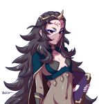  1girl akairiot black_hair bodystocking book cleavage_cutout cloak covered_mouth covered_navel eyelashes facial_mark fire_emblem fire_emblem_if forehead_mark horned_headwear long_hair messy_hair nyx_(fire_emblem_if) red_eyes small_breasts smile solo tiara upper_body veil very_long_hair 
