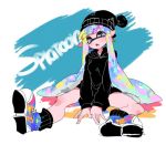  1girl artist_request beanie blue_eyes copyright_name fangs hat hoodie inkling long_hair long_sleeves mask open_mouth pointy_ears rainbow_hair shoes sitting sneakers solo splatoon tentacle_hair 