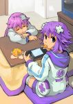  2girls choujigen_game_neptune d-pad food fruit game_console kotatsu long_hair multiple_girls nepgear neptune_(choujigen_game_neptune) neptune_(series) orange segamark short_hair table television thigh-highs violet_eyes 