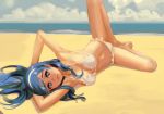  +_+ 1girl arms_up beach bikini blue_eyes blue_hair character_request clouds copyright_request doyora hairband long_hair looking_at_viewer lying navel on_back open_mouth sand sky smile solo spread_legs swimsuit white_bikini white_swimsuit 
