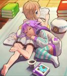  2girls barefoot blanc blue_eyes book brown_hair choujigen_game_neptune closed_eyes feet hat multiple_girls neptune_(choujigen_game_neptune) neptune_(series) pink_hair purple_hair saliva segamark sleeping thigh-highs 