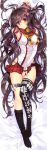  1girl absurdres arm_up armpits black_legwear breasts brown_hair bullet carnelian cherry_blossoms dakimakura detached_sleeves highres huge_filesize kantai_collection large_breasts legs long_hair lying miniskirt pink_eyes ponytail single_thighhigh skirt smile thigh-highs very_long_hair yamato_(kantai_collection) 