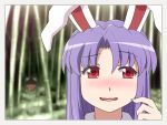  2girls animal_ears bamboo bamboo_forest blurry blush brown_hair commentary depth_of_field dress forest inaba_tewi multiple_girls nature pink_dress purple_hair rabbit_ears red_eyes reisen_udongein_inaba shirosato smile touhou wavy_mouth 
