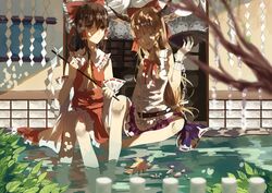  2girls ascot bangs barefoot belt blonde_hair blunt_bangs blurry bow bowl brown_hair building chain chocolate_(jitong) closed_eyes crossed_legs depth_of_field detached_sleeves gohei hair_bow hair_tubes hairband hakurei_reimu highres horn_ribbon horns ibuki_suika leaf long_hair looking_at_another low-tied_long_hair multiple_girls open_mouth outdoors payot pool ribbon ribbon-trimmed_skirt ribbon-trimmed_sleeves ribbon_trim shaded_face shide sitting skirt skirt_set sleeveless smile soaking_feet touhou tree_branch water wrist_cuffs 