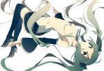  1girl boots detached_sleeves green_eyes green_hair hatsune_miku high_heels long_hair looking_at_viewer natsume3304 simple_background skirt solo thigh-highs thigh_boots twintails very_long_hair vocaloid white_background 