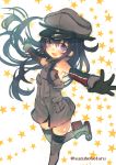  1girl :d akatsuki_(kantai_collection) anchor armpits arms_up bare_shoulders bismarck_(kantai_collection) black_hair black_legwear blush boots detached_sleeves floating_hair gloves hat iron_cross kantai_collection long_hair looking_at_viewer military military_hat military_uniform open_mouth outstretched_arms peaked_cap smile solo spread_arms star starry_background suzuho_hotaru thigh-highs twitter_username uniform violet_eyes zettai_ryouiki 