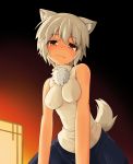  1girl :3 animal_ears bare_arms bare_shoulders blush breasts fang fang_out head_tilt hitotsubashi_inari inubashiri_momiji looking_at_viewer pom_pom_(clothes) red_eyes shirt short_hair silver_hair skirt sleeveless sleeveless_shirt smile solo tail touhou turtleneck wolf_ears wolf_tail 